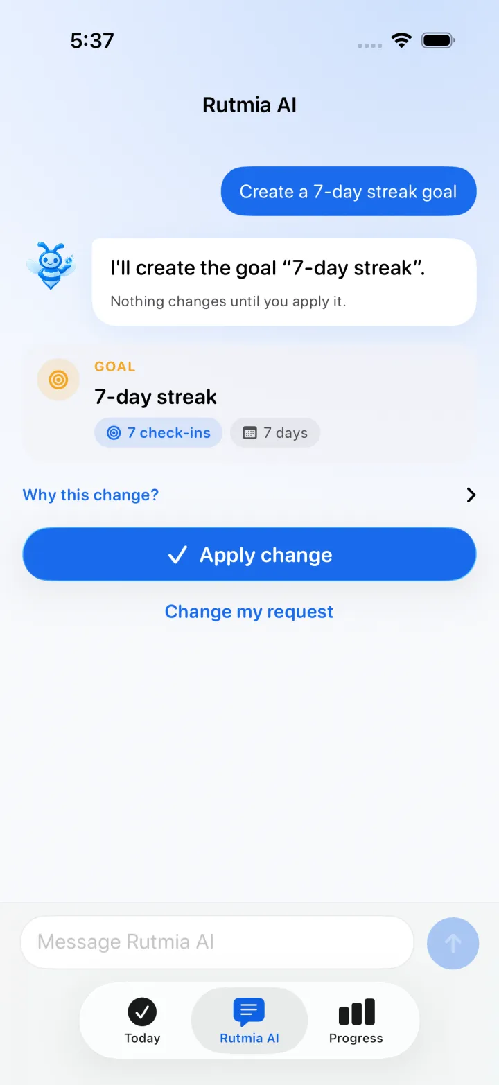 Rutmia AI with a proposed goal and the Apply change button
