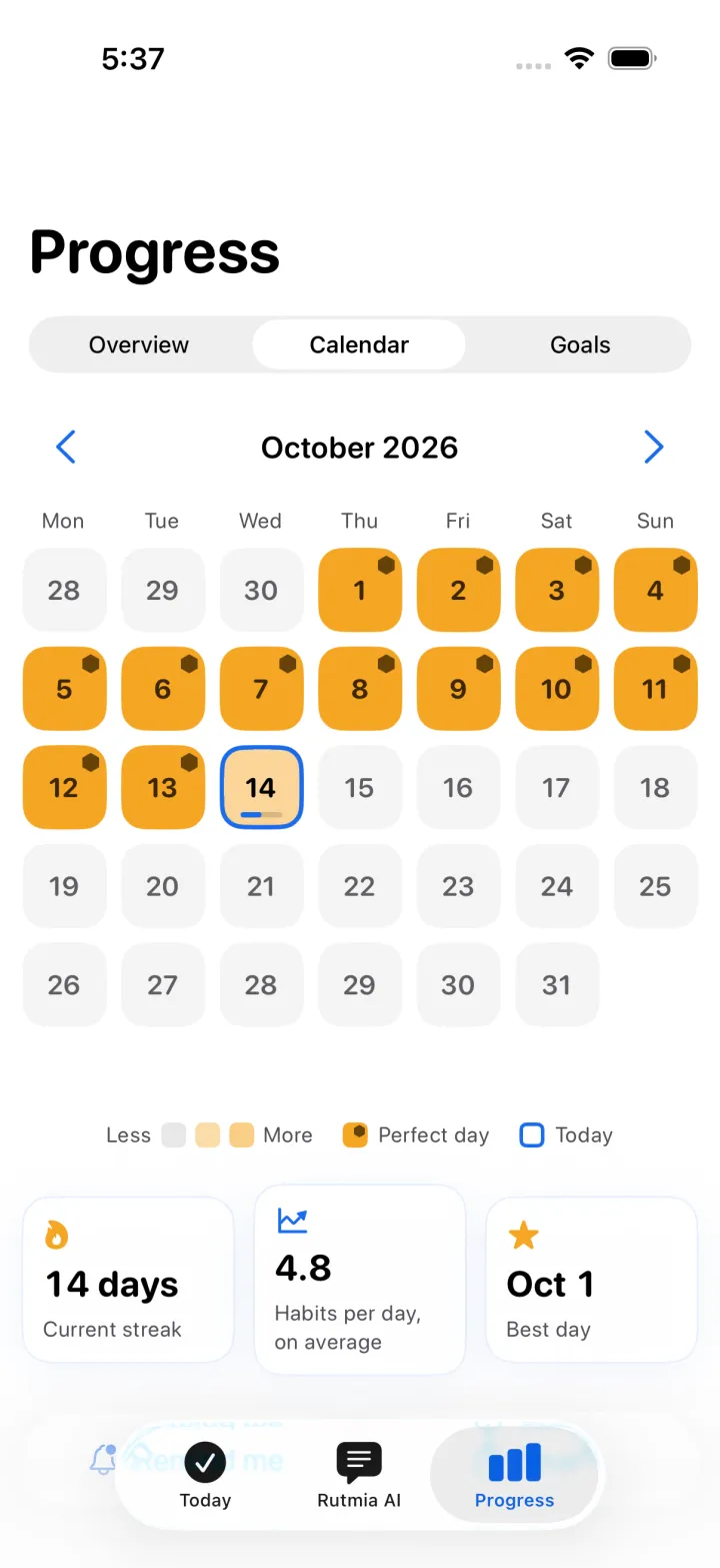 Progress Calendar with perfect days in honey and the current streak