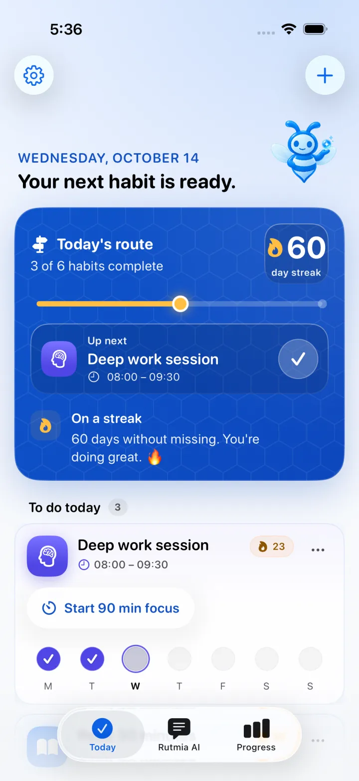 Real Rutmia 1.10 Today screen with the Today's route card, a 60-day streak, and what's up next