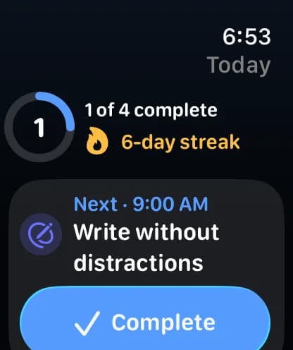 Real Rutmia Apple Watch screenshot with 1 of 4 done, a 6-day streak, and the Complete button